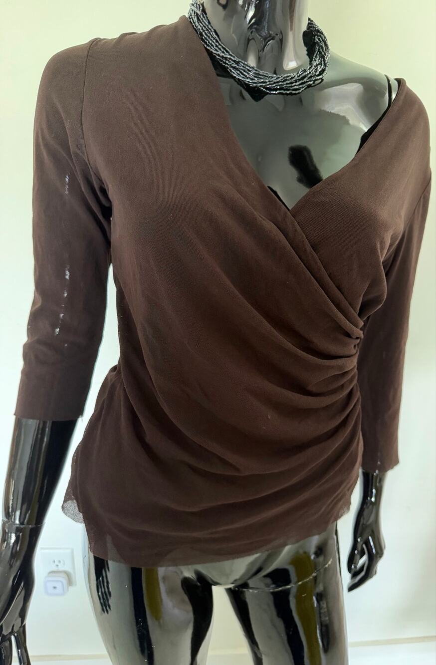 Sweet Pea by Stacy Frati Top L Brown Ruched Draped Surplice V Neck 3/4 Sleeve